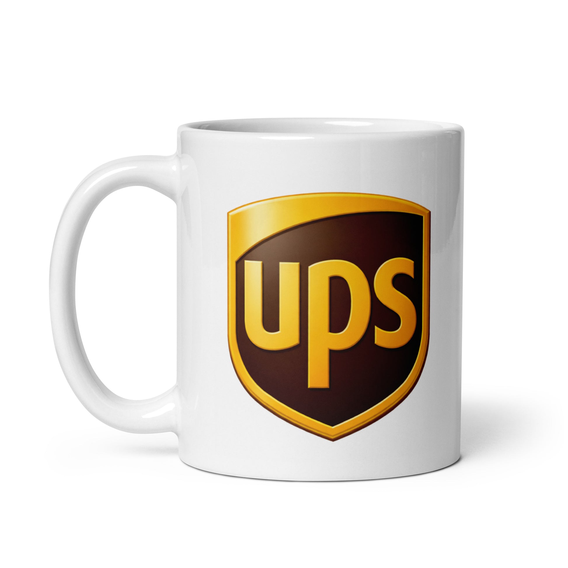 Vintage UPS logo coffee mug featuring the classic brown and gold shield design, perfect for package delivery professionals, logistics workers, and retro corporate logo collectors.