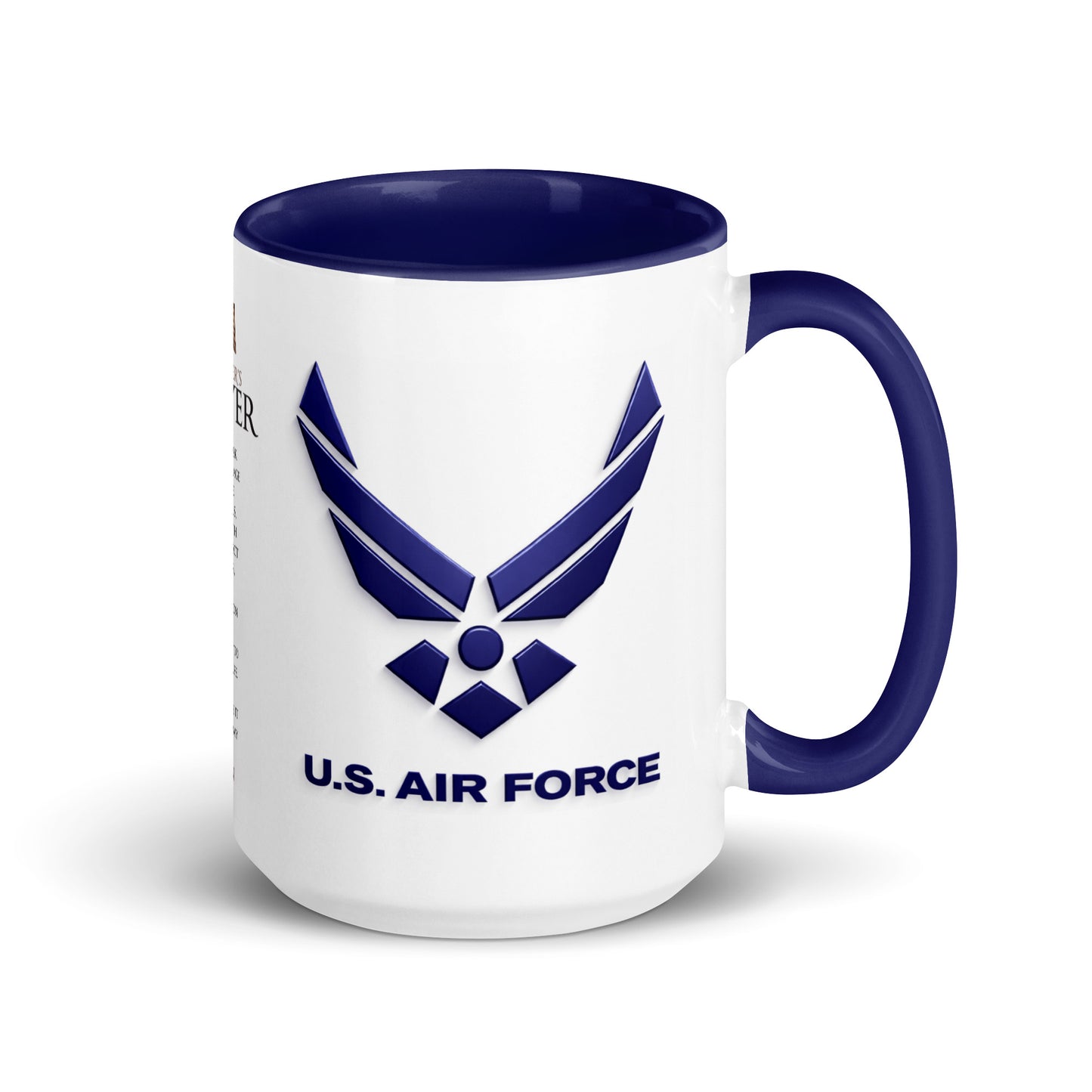 Military-inspired U.S. Air Force coffee mug showcasing the iconic Air Force emblem on one side and the Soldier's Prayer on the other, an ideal gift for active duty Airmen, veterans, retirees, recruits, and patriotic coffee lovers.