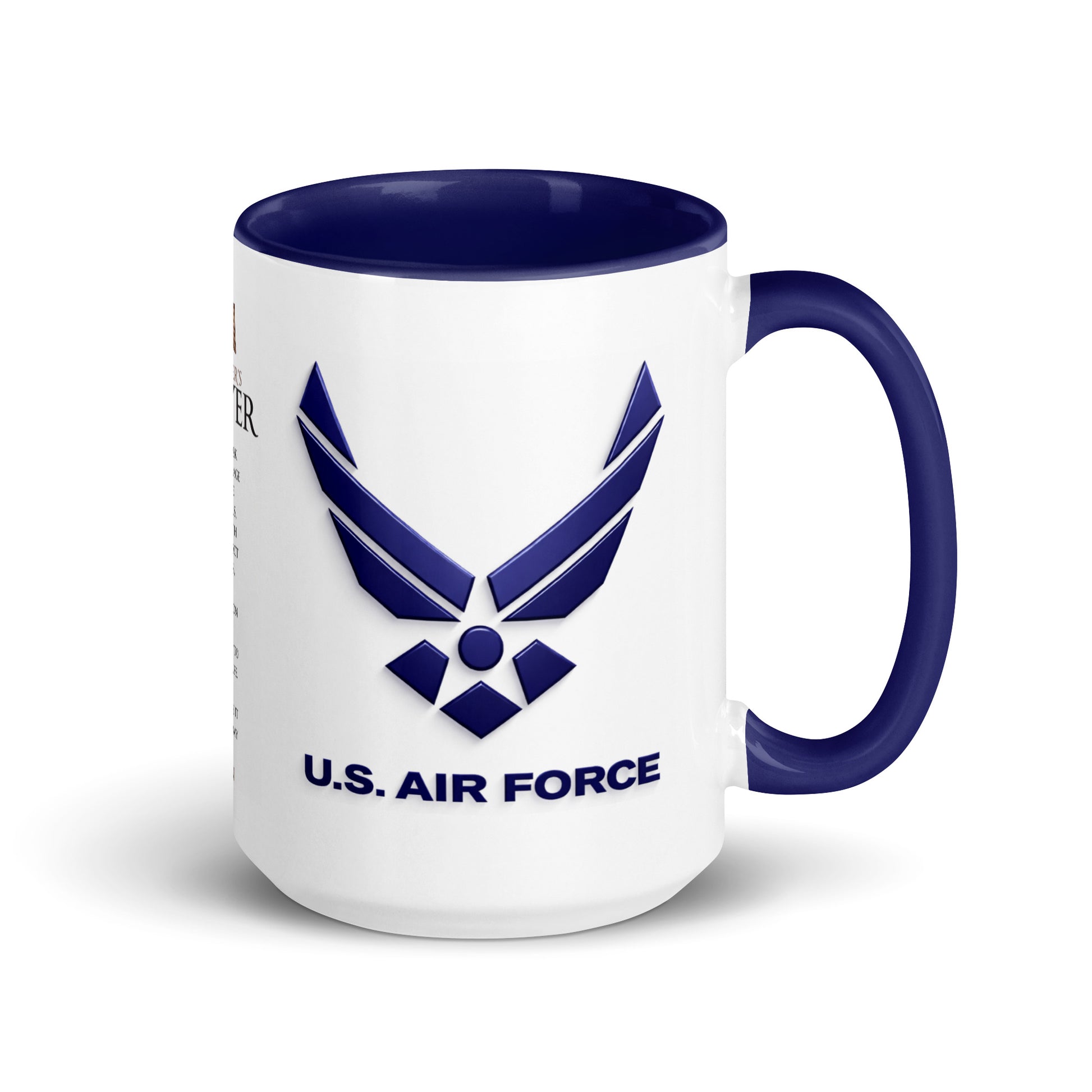 Military-inspired U.S. Air Force coffee mug showcasing the iconic Air Force emblem on one side and the Soldier's Prayer on the other, an ideal gift for active duty Airmen, veterans, retirees, recruits, and patriotic coffee lovers.