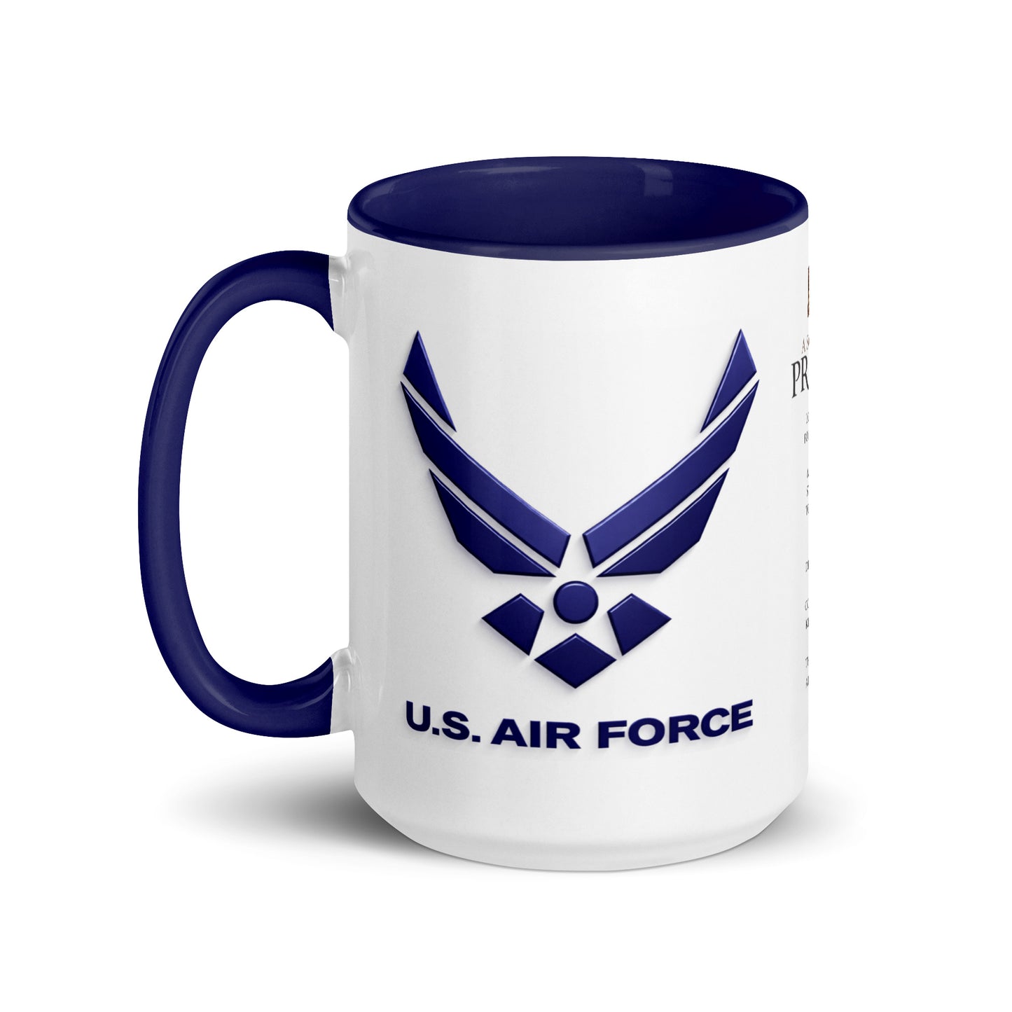 Premium ceramic U.S. Air Force coffee mug with official Air Force logo, Soldier's Prayer artwork, blue accent handle and interior, designed for daily coffee enjoyment, military appreciation, veteran collections, and patriotic home or office décor.