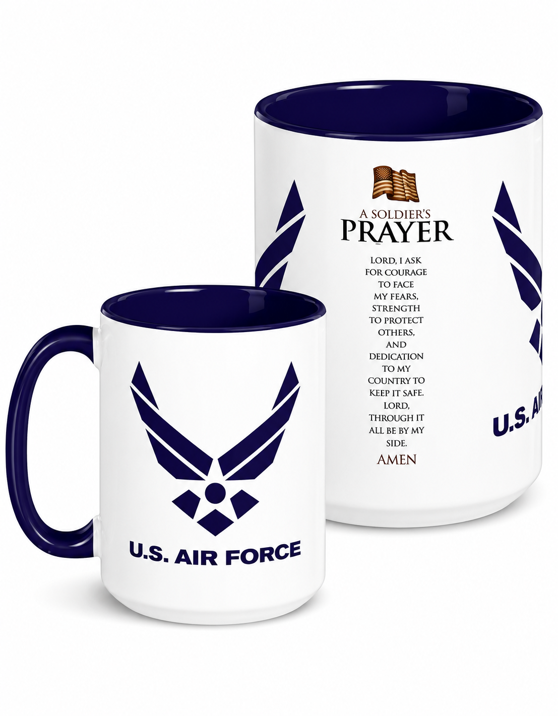 U.S. Air Force Soldier's Prayer coffee mug featuring the official Air Force logo and an inspirational Soldier's Prayer printed on a premium ceramic mug with blue handle and interior, perfect for Airmen, veterans, military families, and patriotic gifts.