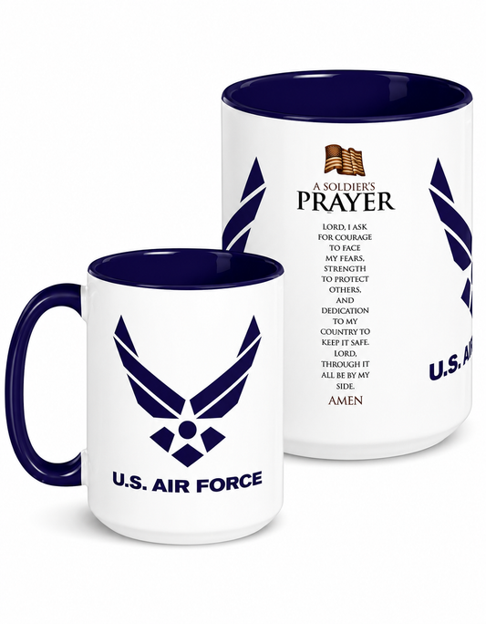 U.S. Air Force Soldier's Prayer coffee mug featuring the official Air Force logo and an inspirational Soldier's Prayer printed on a premium ceramic mug with blue handle and interior, perfect for Airmen, veterans, military families, and patriotic gifts.