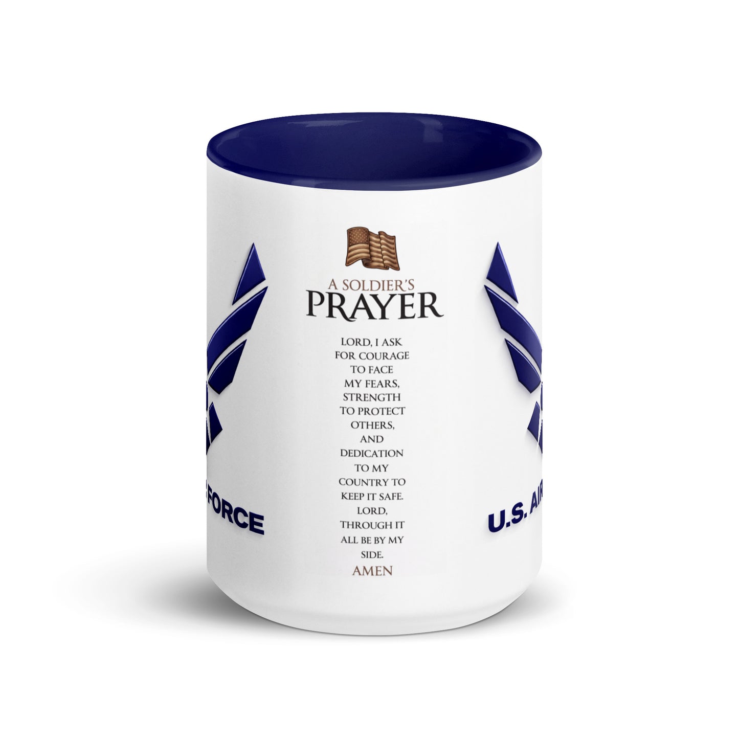 U.S. Air Force Soldier's Prayer coffee mug featuring the official Air Force logo and an inspirational Soldier's Prayer printed on a premium ceramic mug with blue handle and interior, perfect for Airmen, veterans, military families, and patriotic gifts.