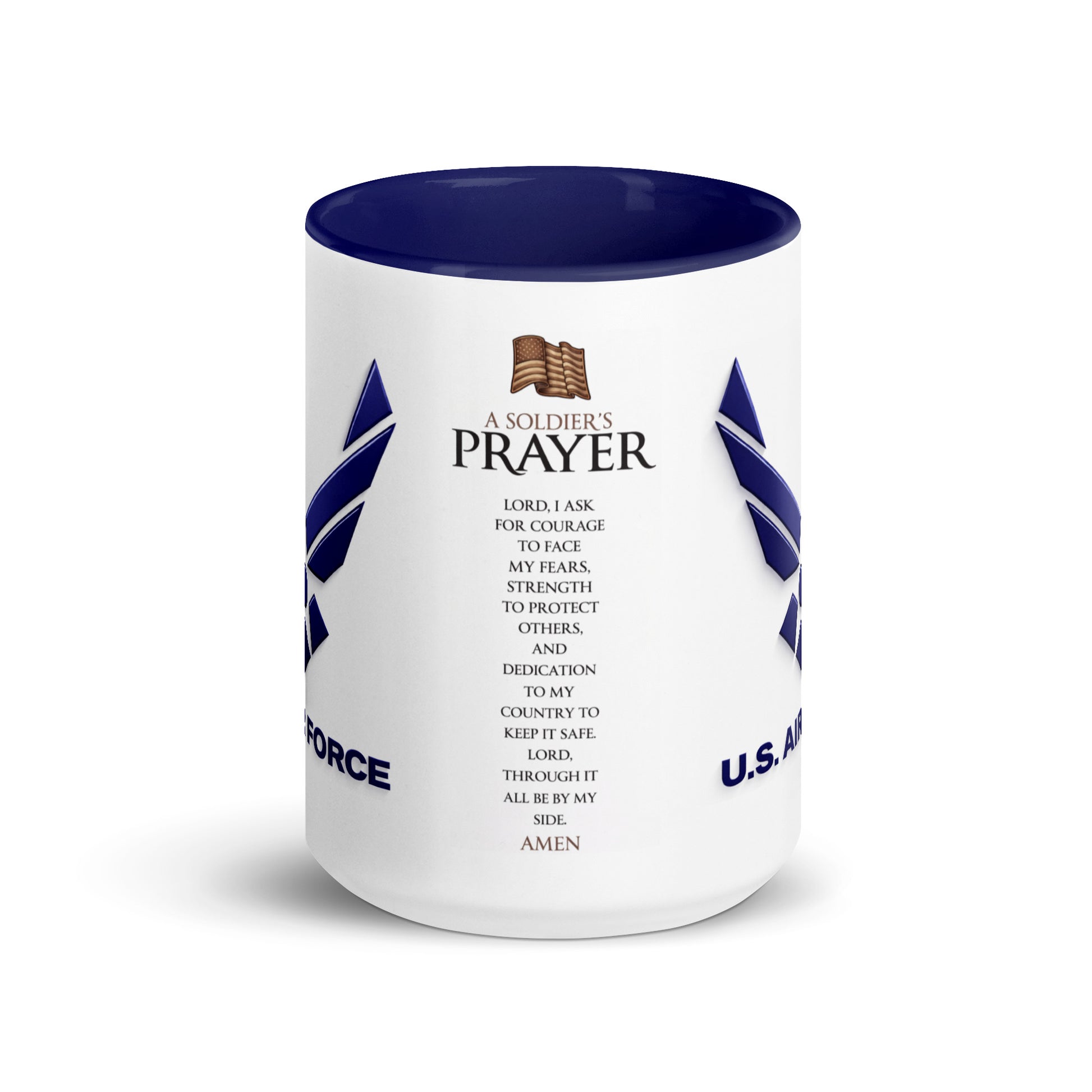 U.S. Air Force Soldier's Prayer coffee mug featuring the official Air Force logo and an inspirational Soldier's Prayer printed on a premium ceramic mug with blue handle and interior, perfect for Airmen, veterans, military families, and patriotic gifts.