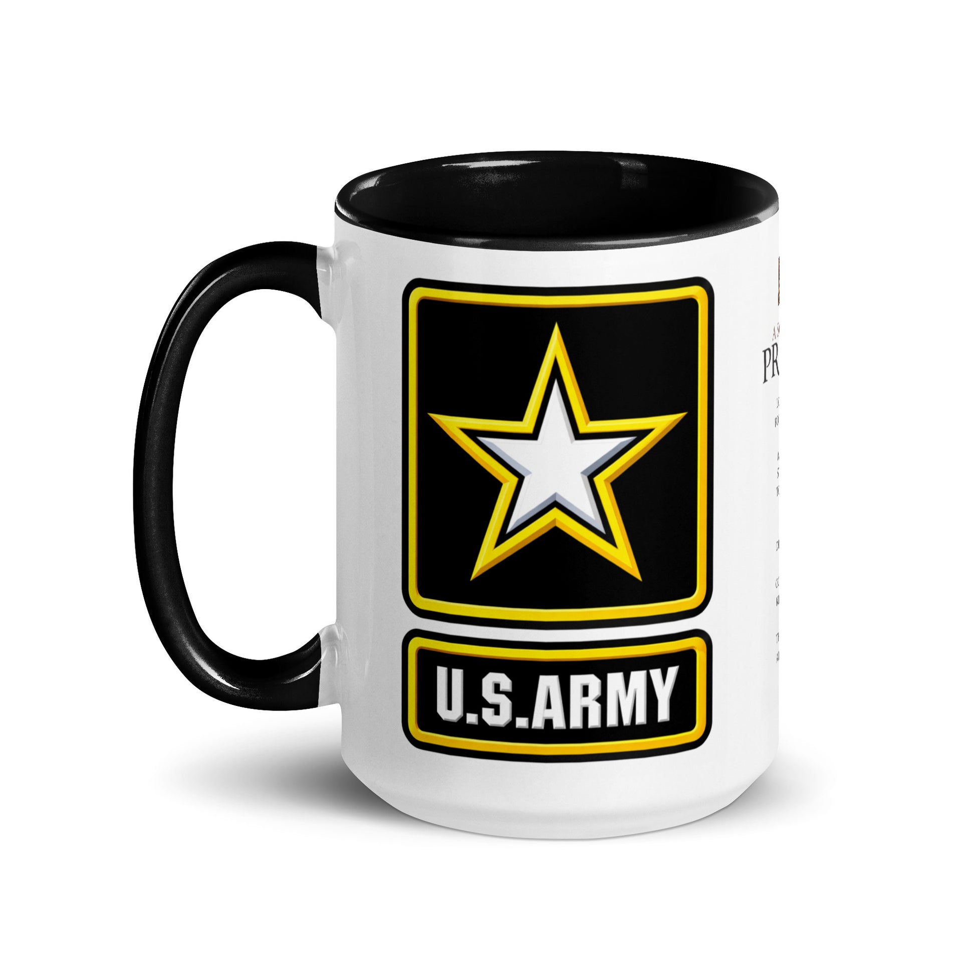 Military-themed U.S. Army coffee mug showcasing the Army emblem on one side and the Soldier's Prayer on the other, an ideal gift for Army veterans, active duty soldiers, recruits, retirees, and patriotic coffee lovers.