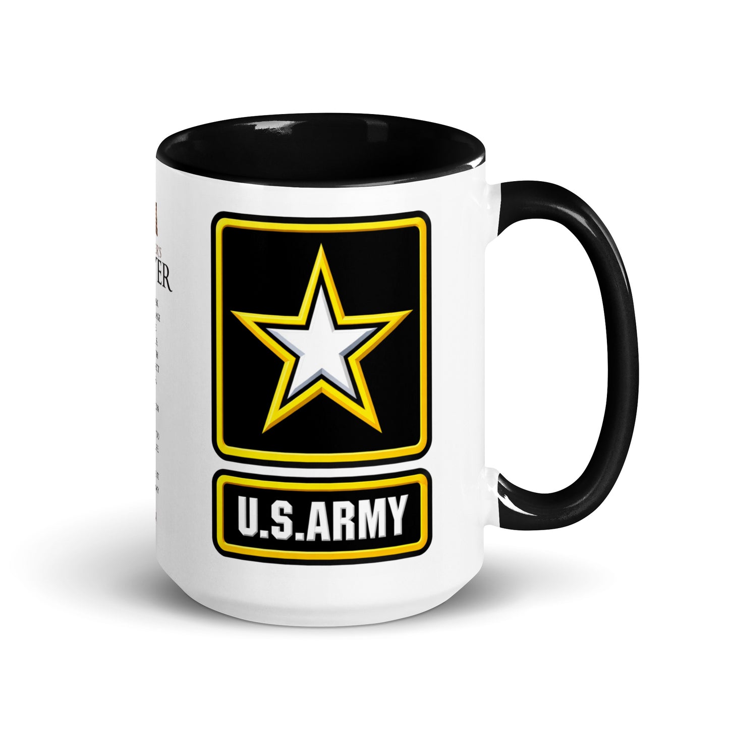 Premium ceramic U.S. Army coffee mug with official Army logo, Soldier's Prayer artwork, black accent handle and interior, designed for daily coffee enjoyment, military appreciation, veteran collections, and patriotic home or office décor.