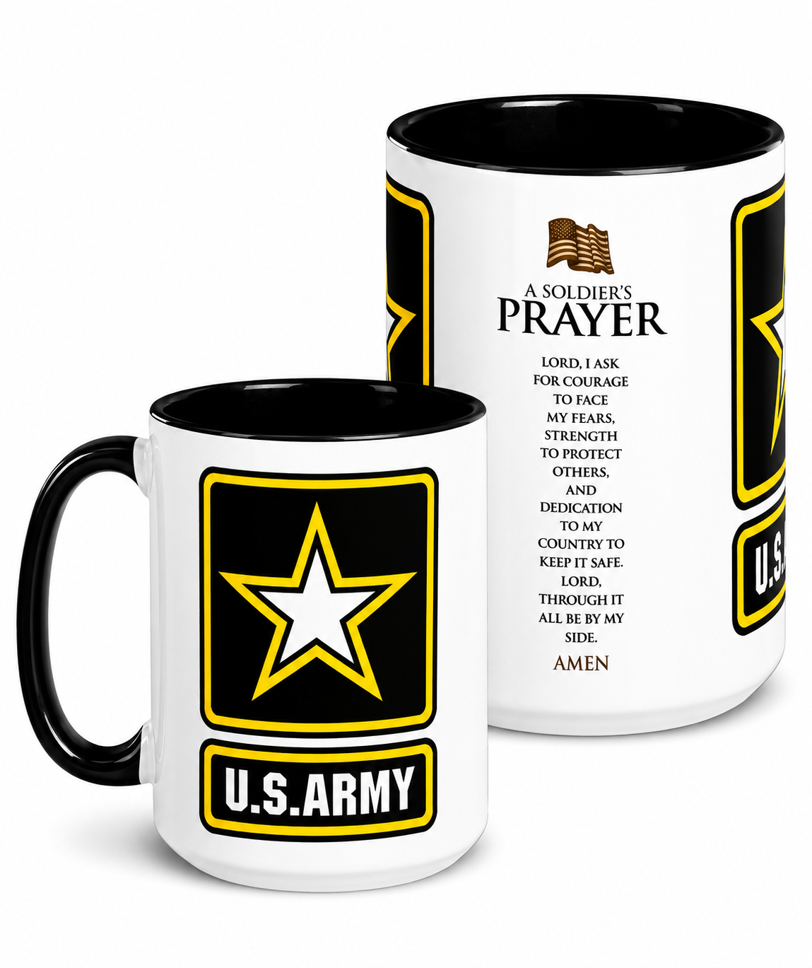 U.S. Army Soldier's Prayer coffee mug featuring the official Army star logo and inspirational Soldier's Prayer printed on a premium ceramic mug with black handle and interior, perfect for veterans, active duty service members, military families, and patriotic gifts.