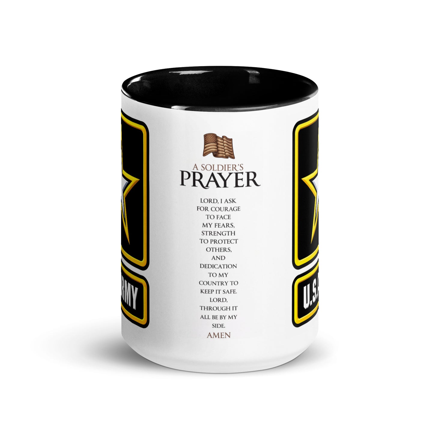 U.S. Army Soldier's Prayer coffee mug featuring the official Army star logo and inspirational Soldier's Prayer printed on a premium ceramic mug with black handle and interior, perfect for veterans, active duty service members, military families, and patriotic gifts.