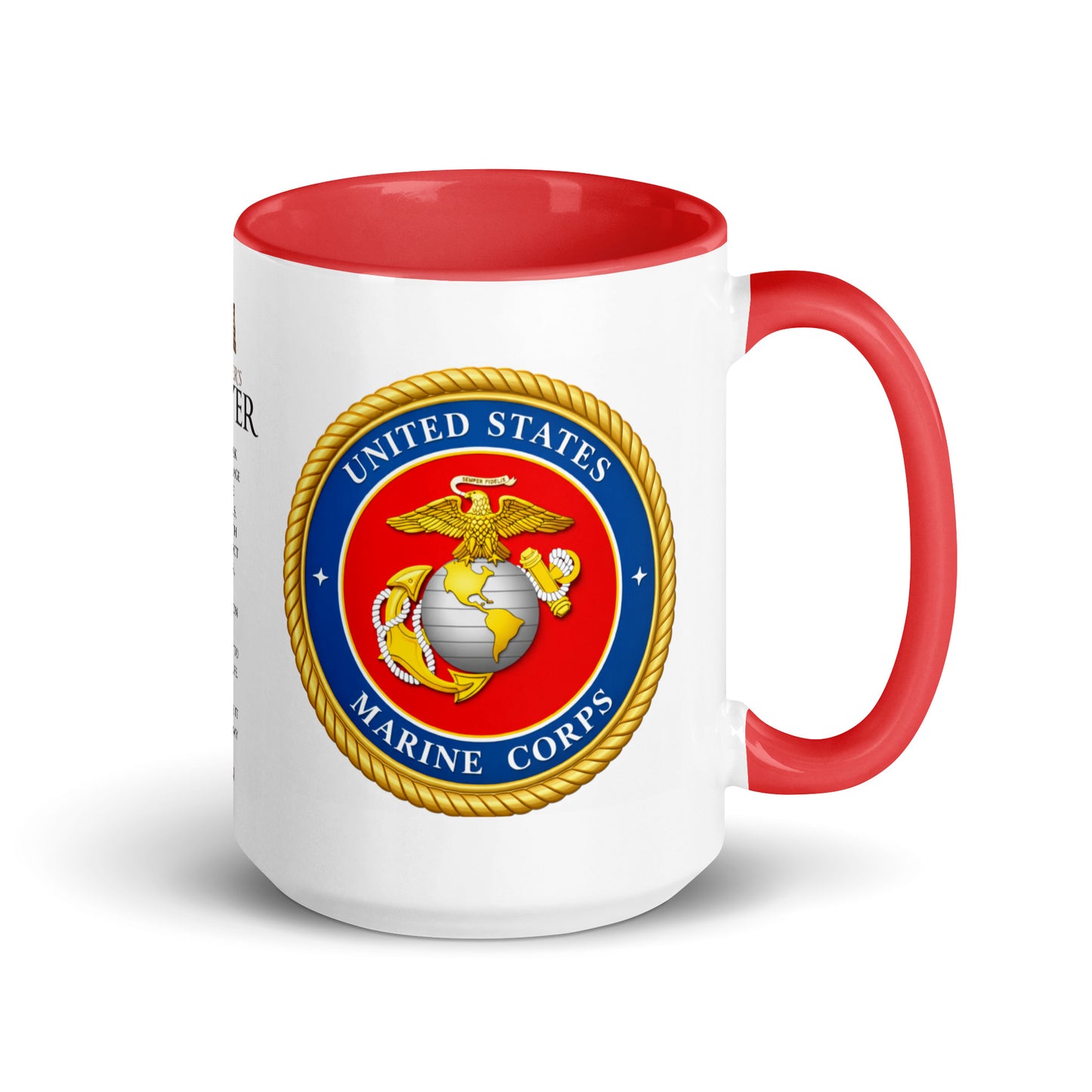 Premium ceramic U.S. Marine Corps coffee mug with official Marines emblem, Soldier's Prayer artwork, red accent handle and interior, designed for daily coffee enjoyment, military appreciation, patriotic décor, and veteran keepsakes.
