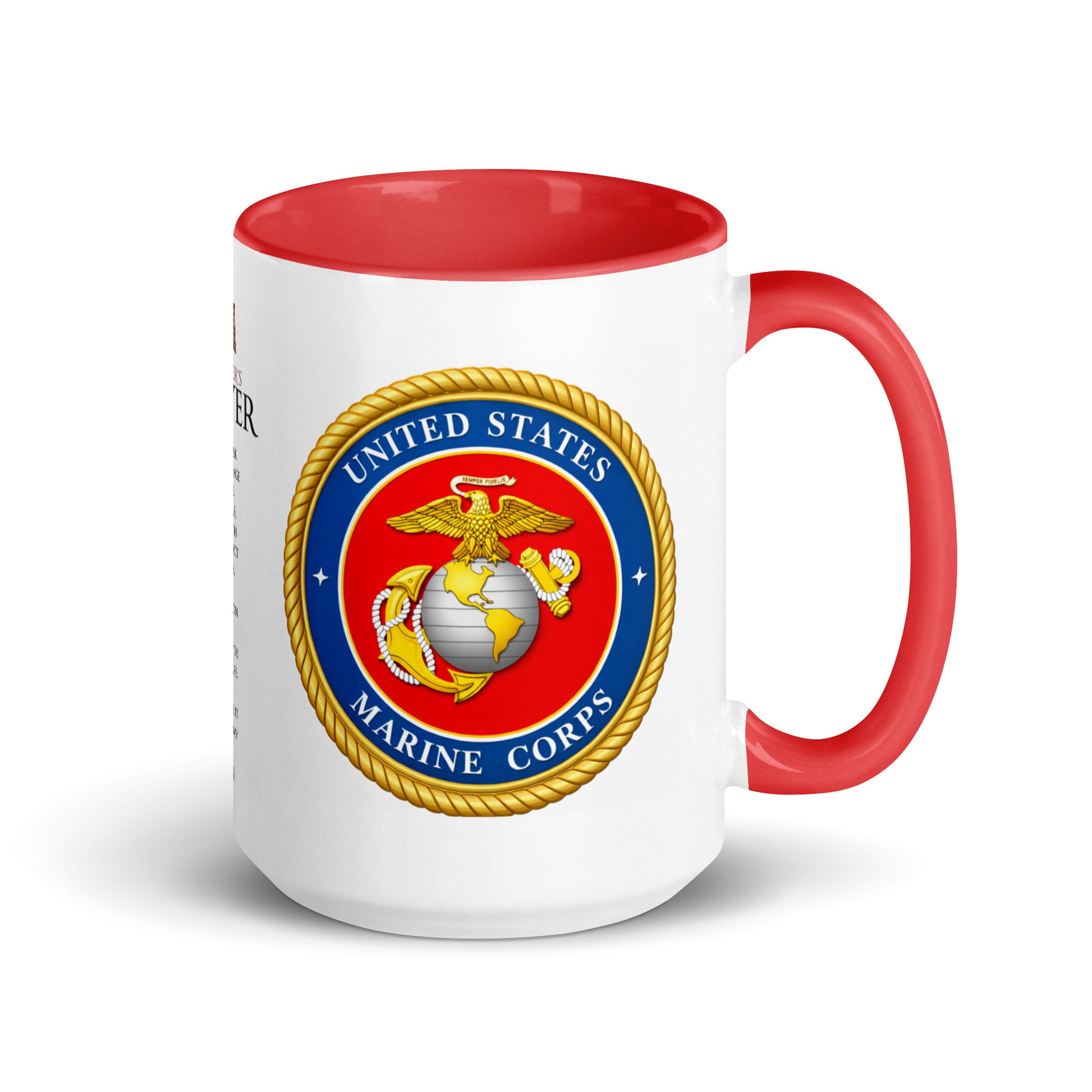 Premium ceramic U.S. Marine Corps coffee mug with official Marines emblem, Soldier's Prayer artwork, red accent handle and interior, designed for daily coffee enjoyment, military appreciation, patriotic décor, and veteran keepsakes.
