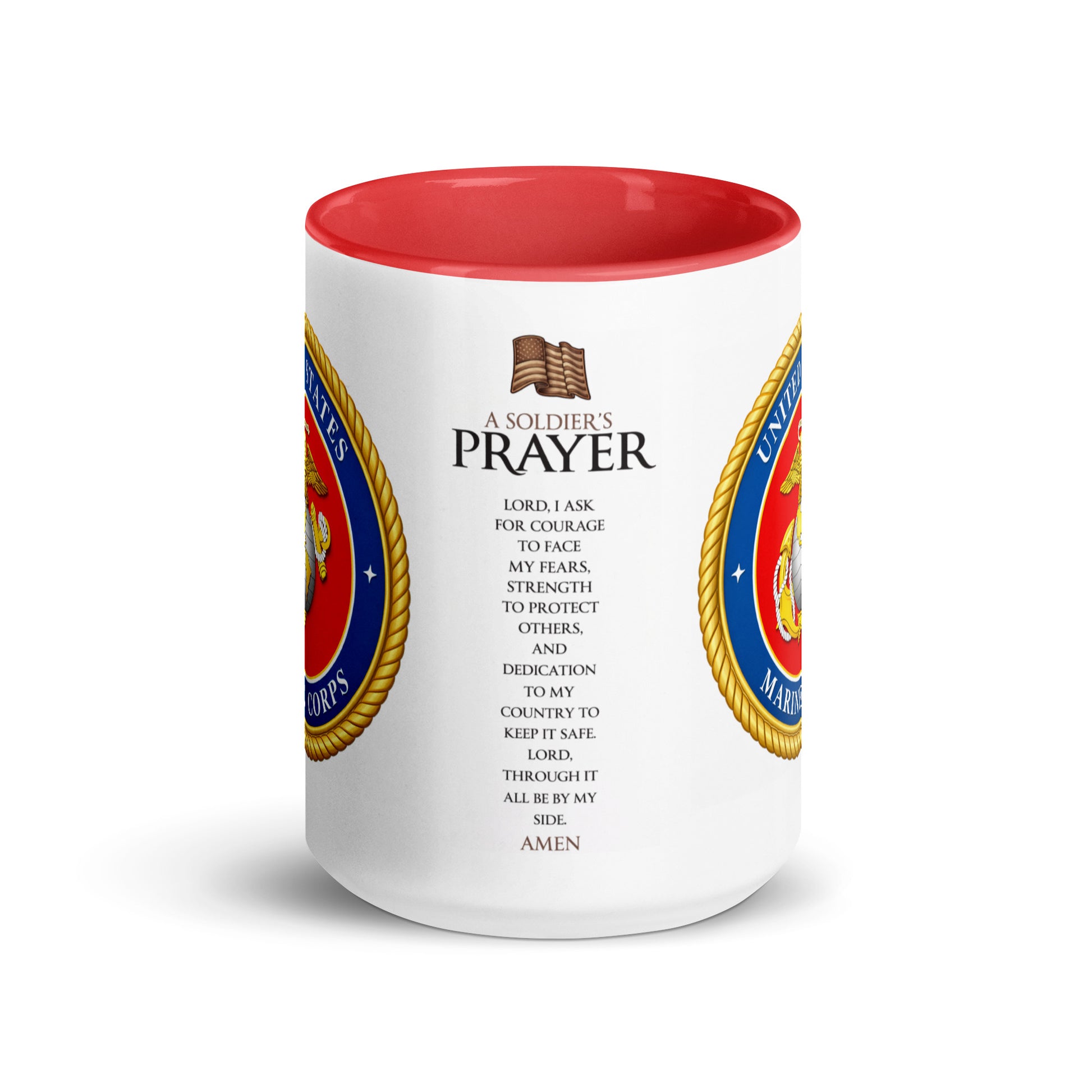U.S. Marine Corps Soldier's Prayer coffee mug featuring the official Marine Corps Eagle, Globe and Anchor emblem with an inspirational Soldier's Prayer printed on a premium ceramic mug with red handle and interior, perfect for Marines, veterans, and patriotic gifts.