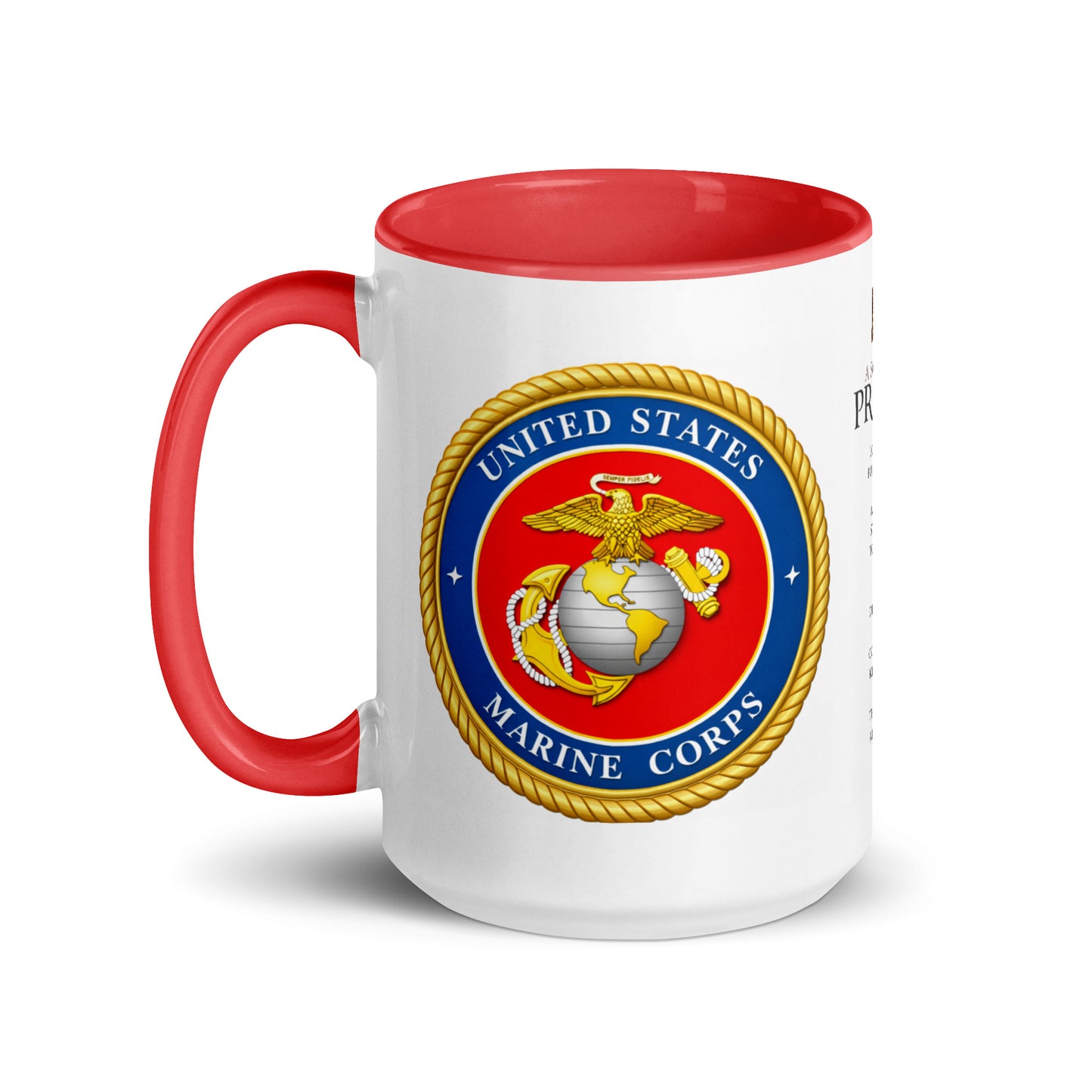 Military-inspired U.S. Marine Corps coffee mug showcasing the iconic Marine Corps logo on one side and the Soldier's Prayer on the other, an ideal gift for active duty Marines, veterans, recruits, military families, and collectors.