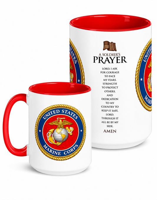 U.S. Marine Corps Soldier's Prayer coffee mug featuring the official Marine Corps Eagle, Globe and Anchor emblem with an inspirational Soldier's Prayer printed on a premium ceramic mug with red handle and interior, perfect for Marines, veterans, and patriotic gifts.