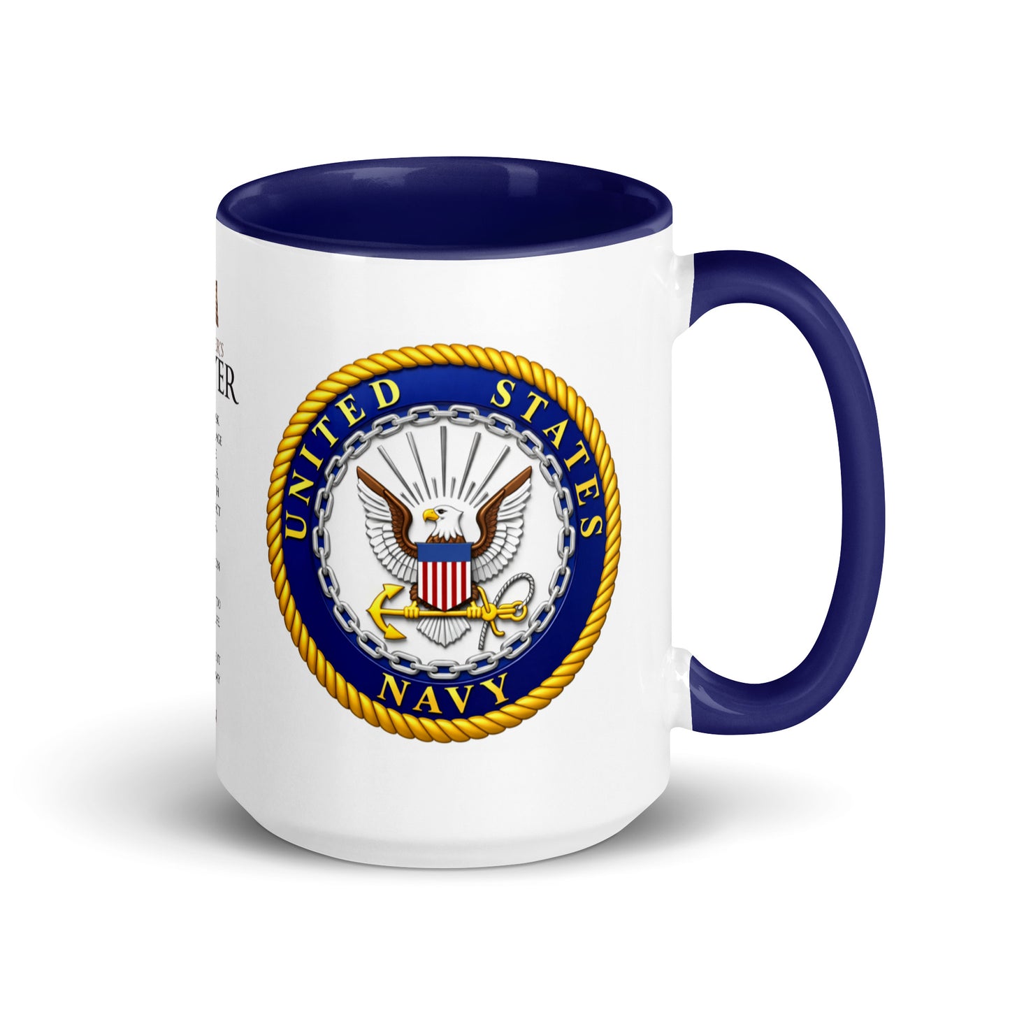 Premium ceramic U.S. Navy coffee mug with official Navy logo, Soldier's Prayer artwork, blue accent handle and interior, designed for daily coffee enjoyment, military appreciation, veteran collections, patriotic home décor, and Navy pride.