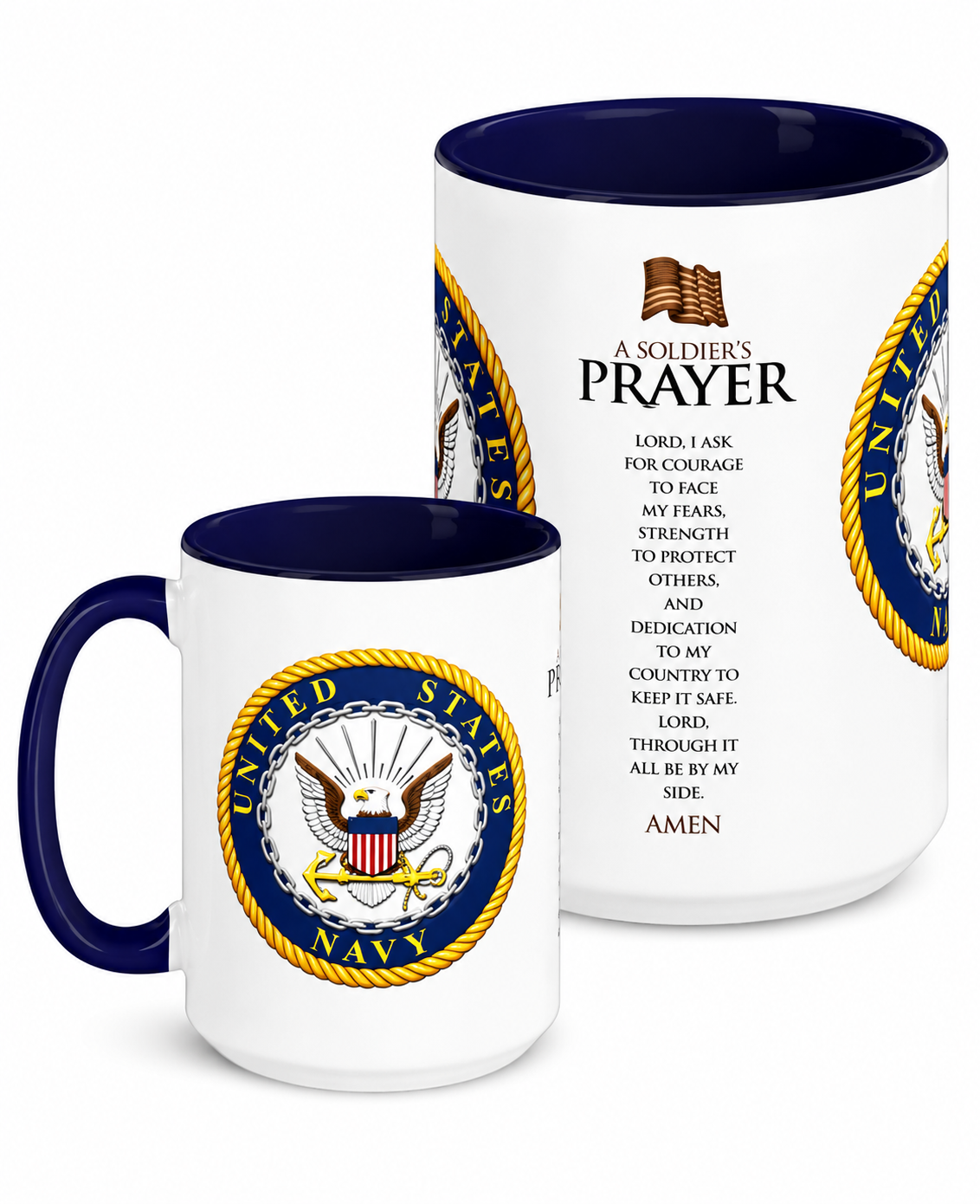 U.S. Navy Soldier's Prayer coffee mug featuring the official Navy emblem and an inspirational Soldier's Prayer printed on a premium ceramic mug with blue handle and interior, perfect for sailors, veterans, military families, and patriotic gifts.