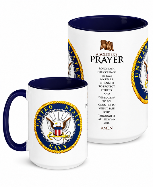 U.S. Navy Soldier's Prayer coffee mug featuring the official Navy emblem and an inspirational Soldier's Prayer printed on a premium ceramic mug with blue handle and interior, perfect for sailors, veterans, military families, and patriotic gifts.