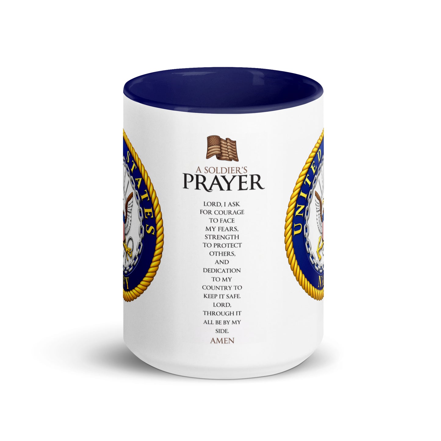 U.S. Navy Soldier's Prayer coffee mug featuring the official Navy emblem and an inspirational Soldier's Prayer printed on a premium ceramic mug with blue handle and interior, perfect for sailors, veterans, military families, and patriotic gifts.
