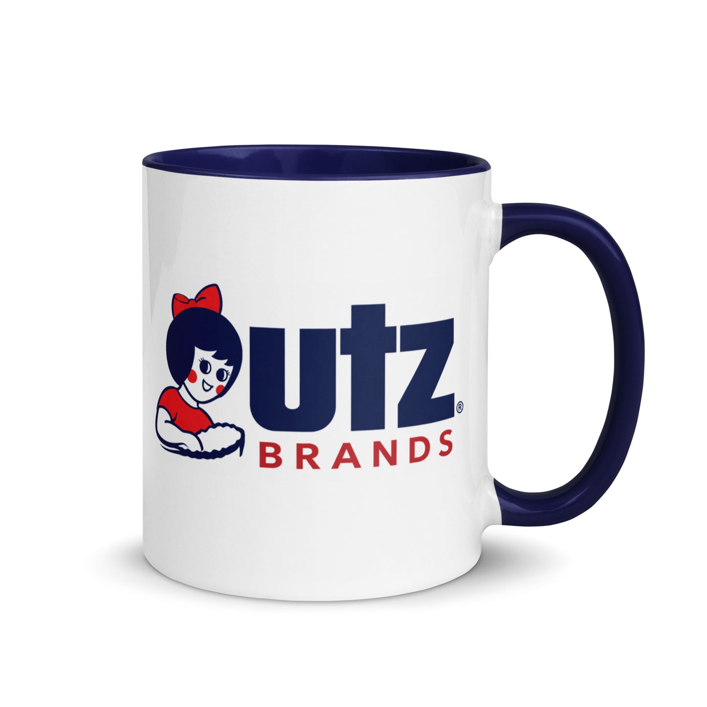 Vintage Utz Brands coffee mug featuring the classic Utz girl logo, perfect for snack food enthusiasts, nostalgic brand collectors, retro kitchen décor, and Utz fans.