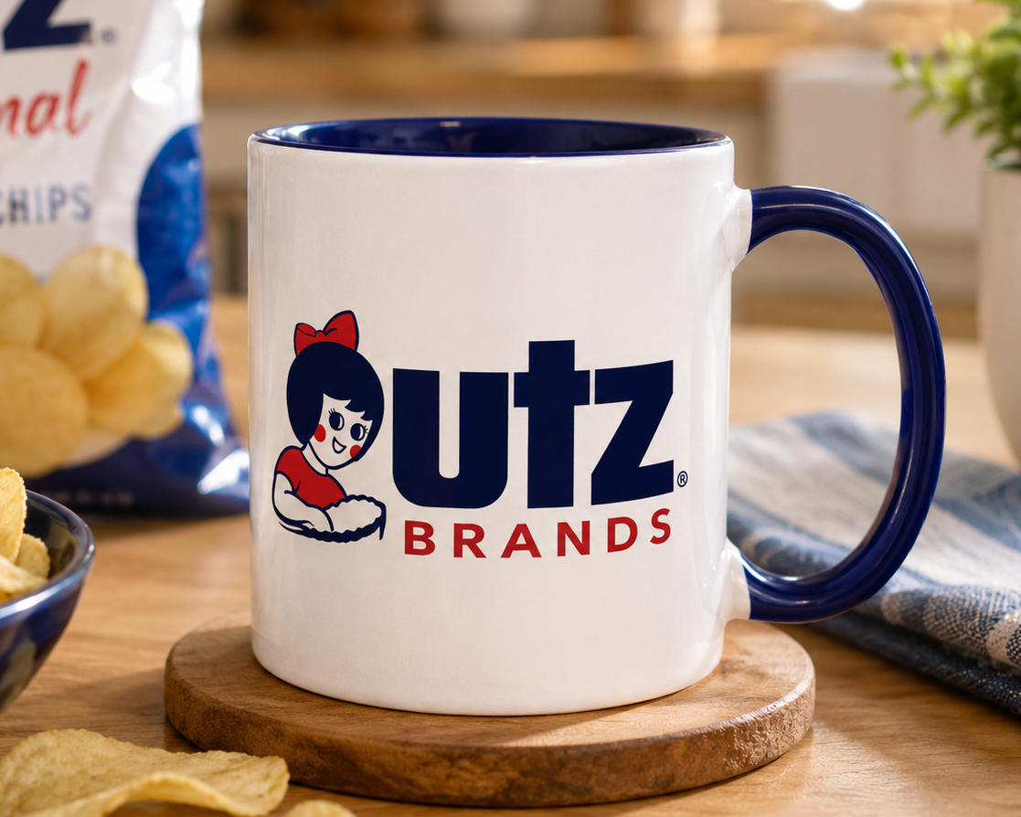 Vintage Utz Brands coffee mug featuring the classic Utz girl logo, perfect for snack food enthusiasts, nostalgic brand collectors, retro kitchen décor, and Utz fans.