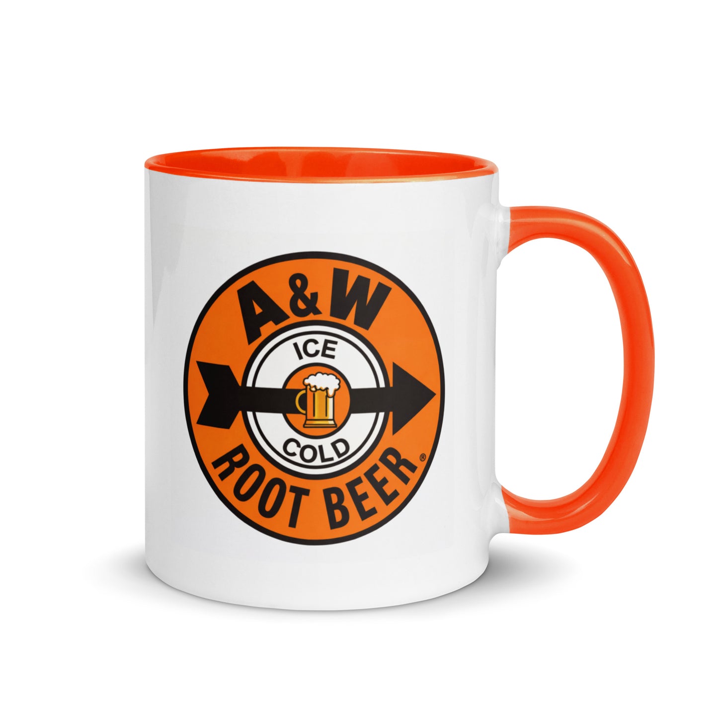 A&W Root Beer logo coffee mug with orange accent handle and interior, featuring the iconic vintage soda and restaurant branding on a white ceramic mug for collectors, nostalgia lovers, and retro Americana fans.