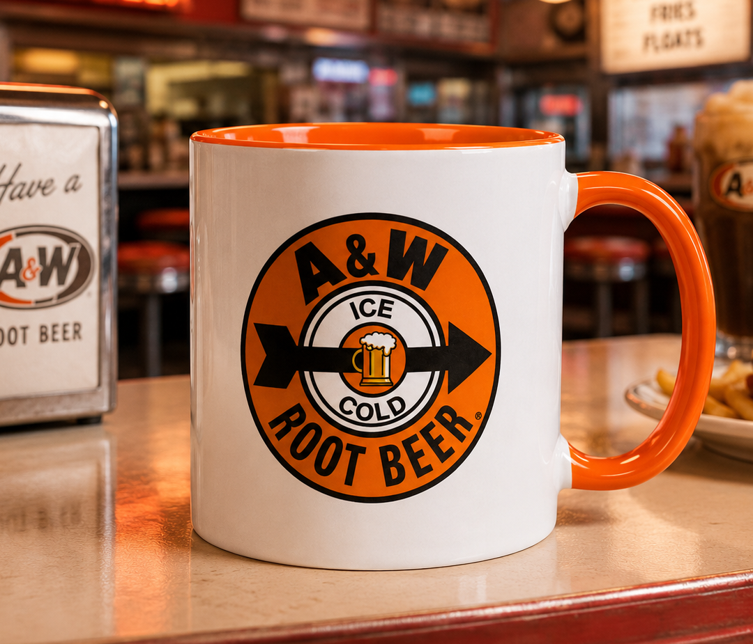 A&W Root Beer logo coffee mug with orange accent handle and interior, featuring the classic A&W Root Beer branding on a white ceramic coffee cup.