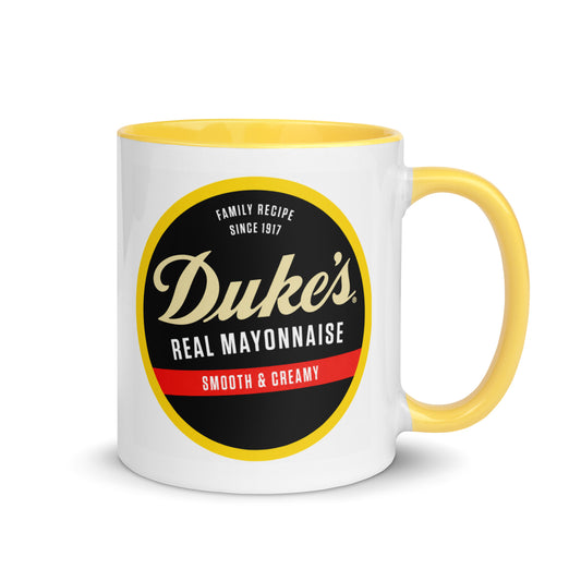 Classic Duke's Mayonnaise ceramic coffee mug with the iconic Family Recipe Since 1917 logo, yellow accent handle, perfect gift for Southern food lovers, home cooks, and nostalgic kitchen decor collectors.