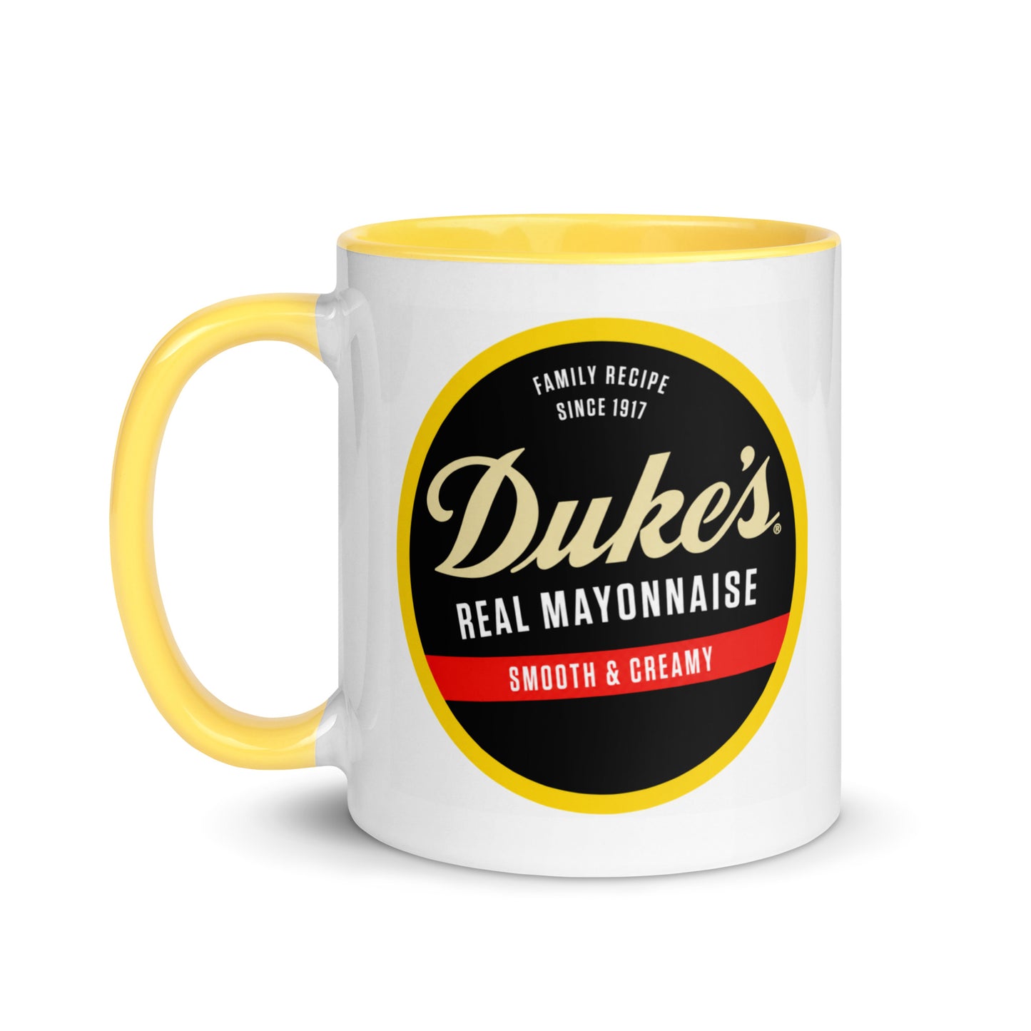 Vintage Duke's Real Mayonnaise logo coffee mug featuring the classic Family Recipe Since 1917 Smooth & Creamy design on a premium white ceramic mug with a yellow handle and interior.