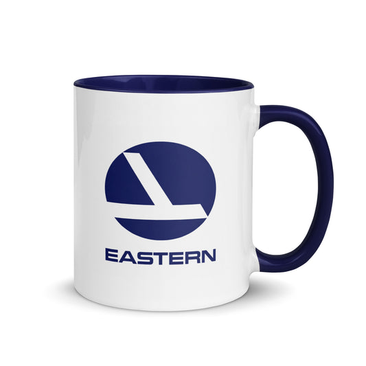 Classic Eastern Airlines logo coffee mug featuring the iconic blue hockey stick emblem, perfect for aviation enthusiasts, airline memorabilia collectors, pilots, and vintage travel fans.