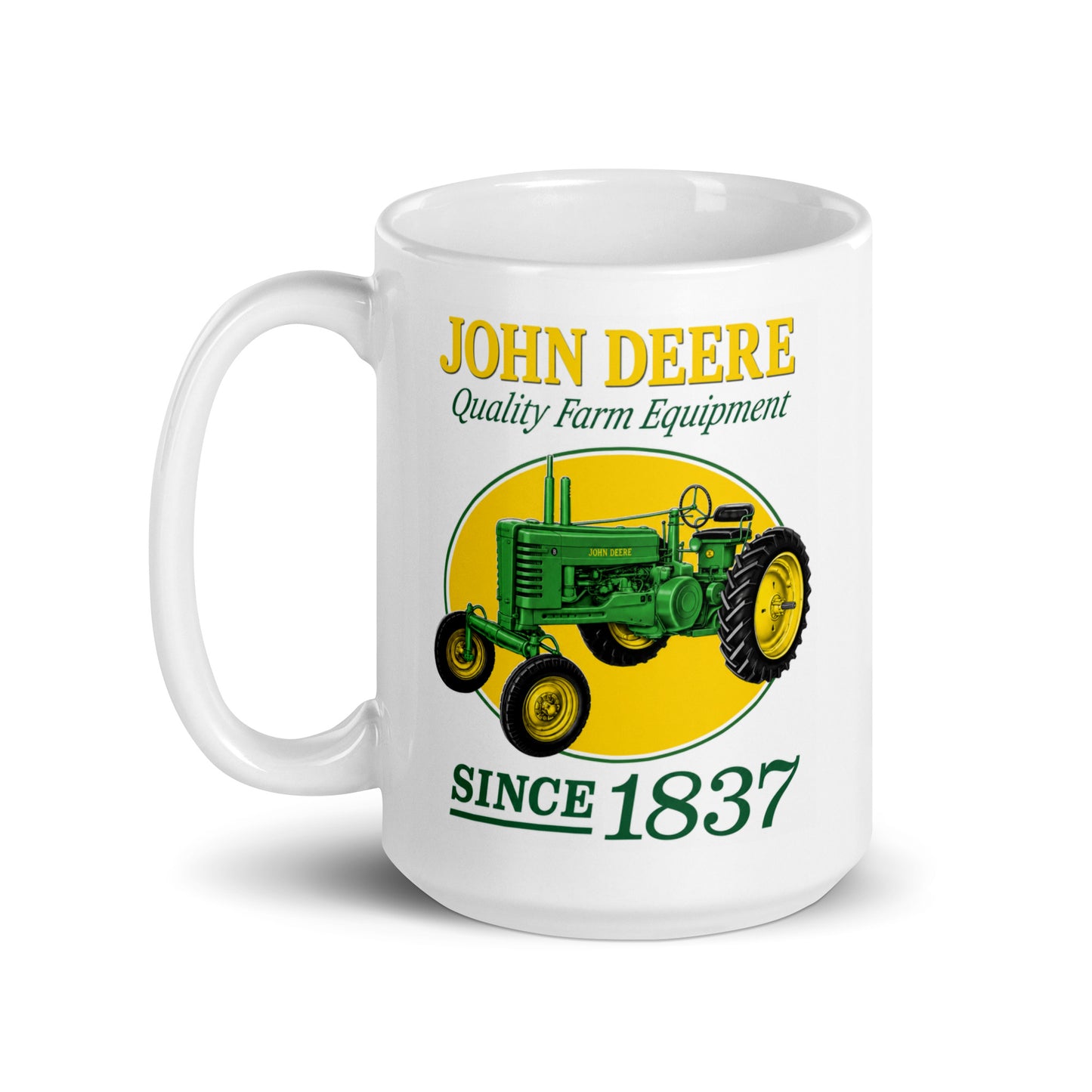 Classic John Deere Quality Farm Equipment ceramic coffee mug showcasing a vintage green tractor with "Since 1837" design, an ideal gift for John Deere fans, farmers, ranchers, and vintage tractor collectors.