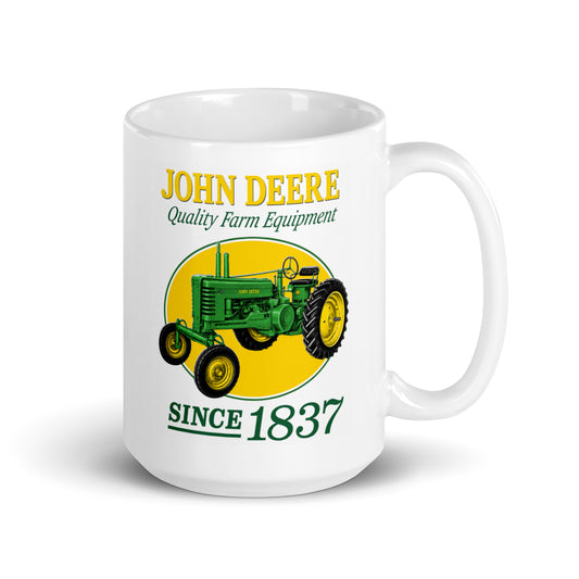 Vintage John Deere tractor coffee mug featuring a classic green farm tractor and "Since 1837" artwork on a premium white ceramic mug, perfect for farmers, tractor enthusiasts, and agricultural memorabilia collectors.