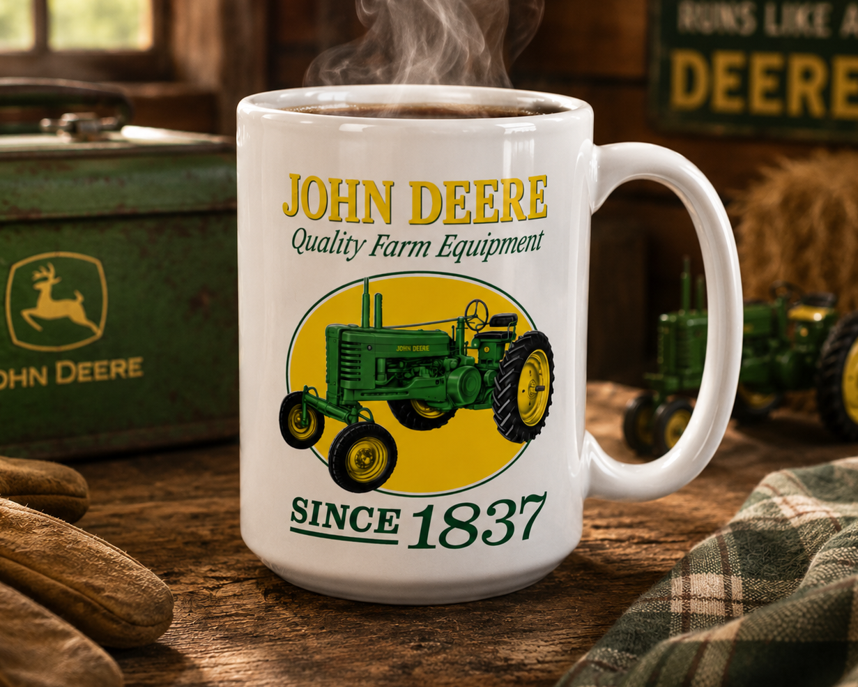Vintage John Deere tractor coffee mug featuring a classic green farm tractor and "Since 1837" artwork on a premium white ceramic mug, perfect for farmers, tractor enthusiasts, and agricultural memorabilia collectors.