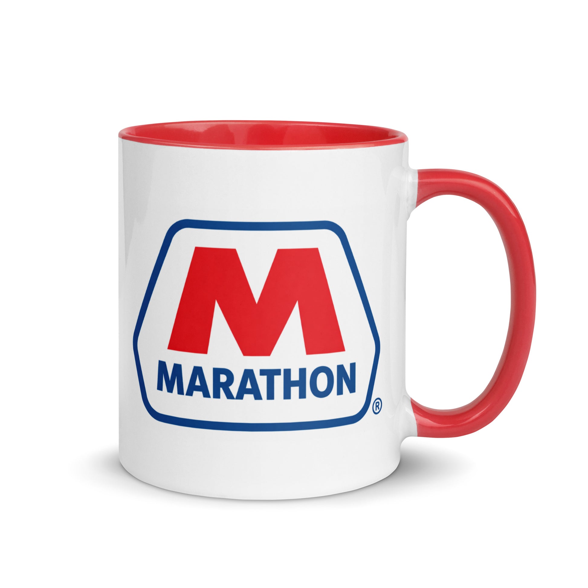 Marathon logo coffee mug with red accent handle and interior, featuring the iconic gas station branding on a white ceramic mug for collectors, automotive enthusiasts, and retro Americana fans.