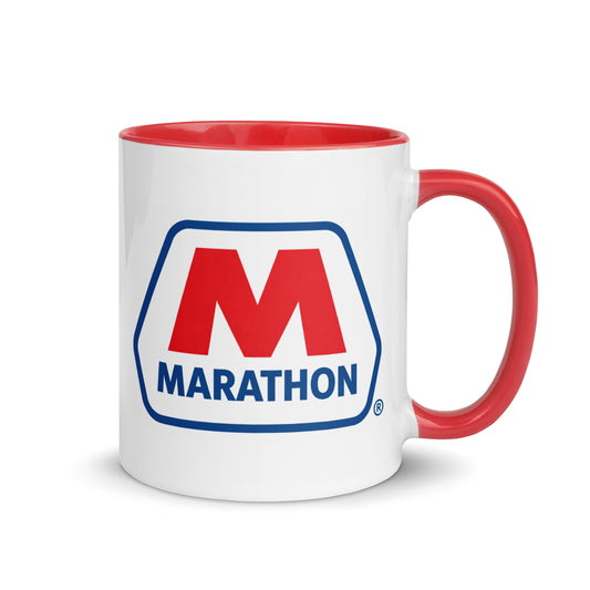Marathon logo coffee mug with red accent handle and interior, featuring the iconic gas station branding on a white ceramic mug for collectors, automotive enthusiasts, and retro Americana fans.