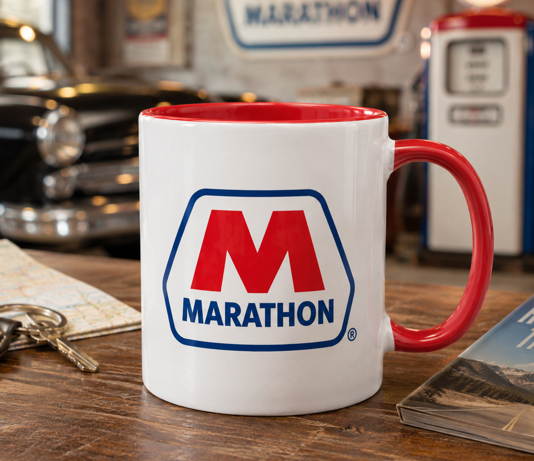 Marathon logo coffee mug with red accent handle and interior, featuring the classic Marathon gas station logo on a white ceramic coffee cup for collectors and automotive enthusiasts.