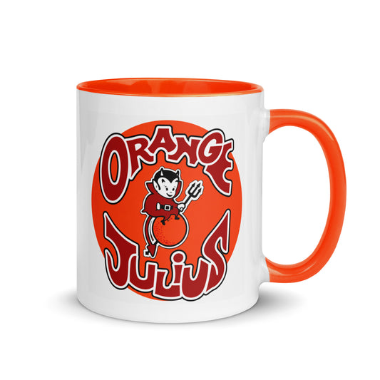 Classic Orange Julius ceramic coffee mug showcasing the iconic vintage logo with the original Little Devil mascot, white exterior, and orange accent handle, an ideal gift for Orange Julius fans and Americana collectors.