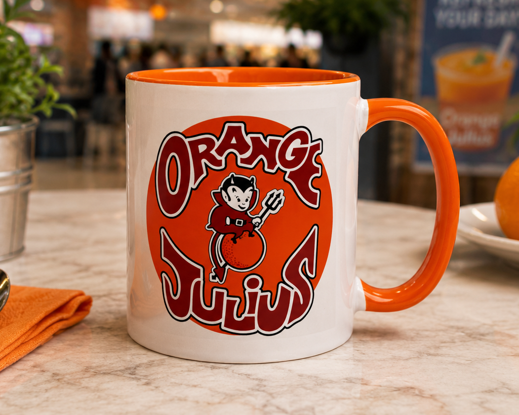 Vintage Orange Julius logo coffee mug featuring the classic Little Devil mascot on a premium white ceramic mug with bright orange interior and handle, perfect for nostalgic fast-food fans and retro restaurant memorabilia collectors.