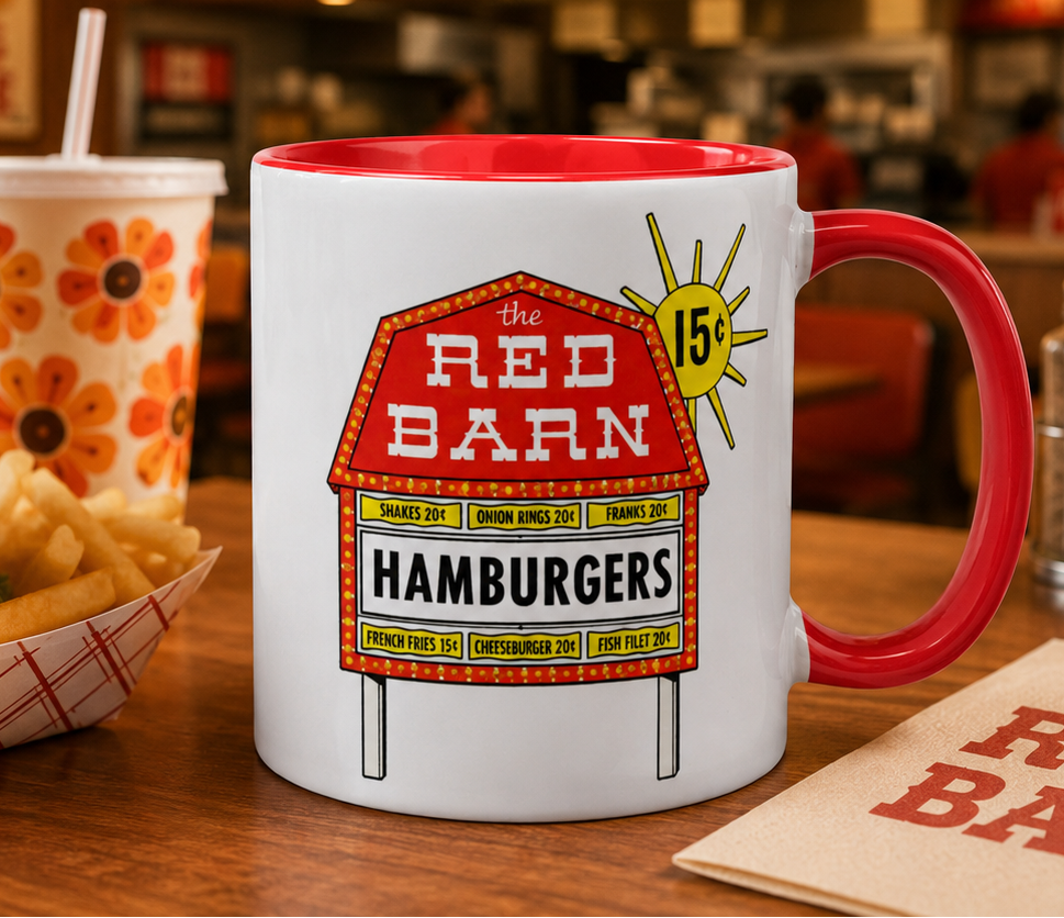 Red Barn themed coffee mug featuring the legendary hamburger stand sign design, nostalgic gift for fast food memorabilia collectors, road trip fans, and Americana enthusiasts.