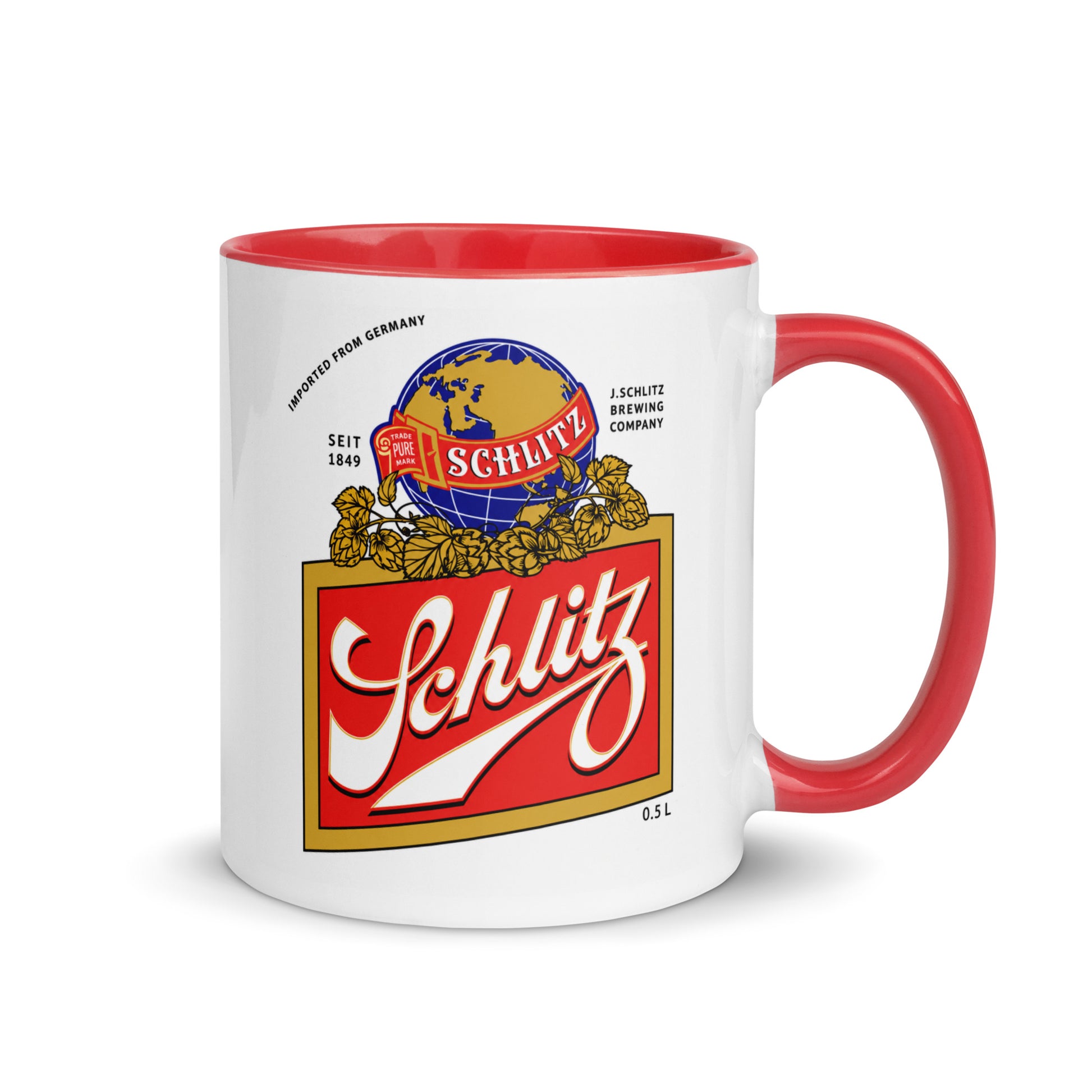 Schlitz beer logo coffee mug with red accent handle and interior, featuring the iconic vintage brewing company artwork on a white ceramic mug for collectors, beer enthusiasts, and retro Americana fans.