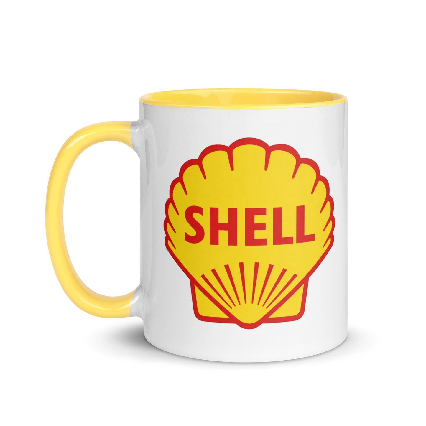 Shell themed coffee mug featuring the recognizable gas station logo, nostalgic gift for classic car enthusiasts, petroleum memorabilia collectors, and retro Americana fans.