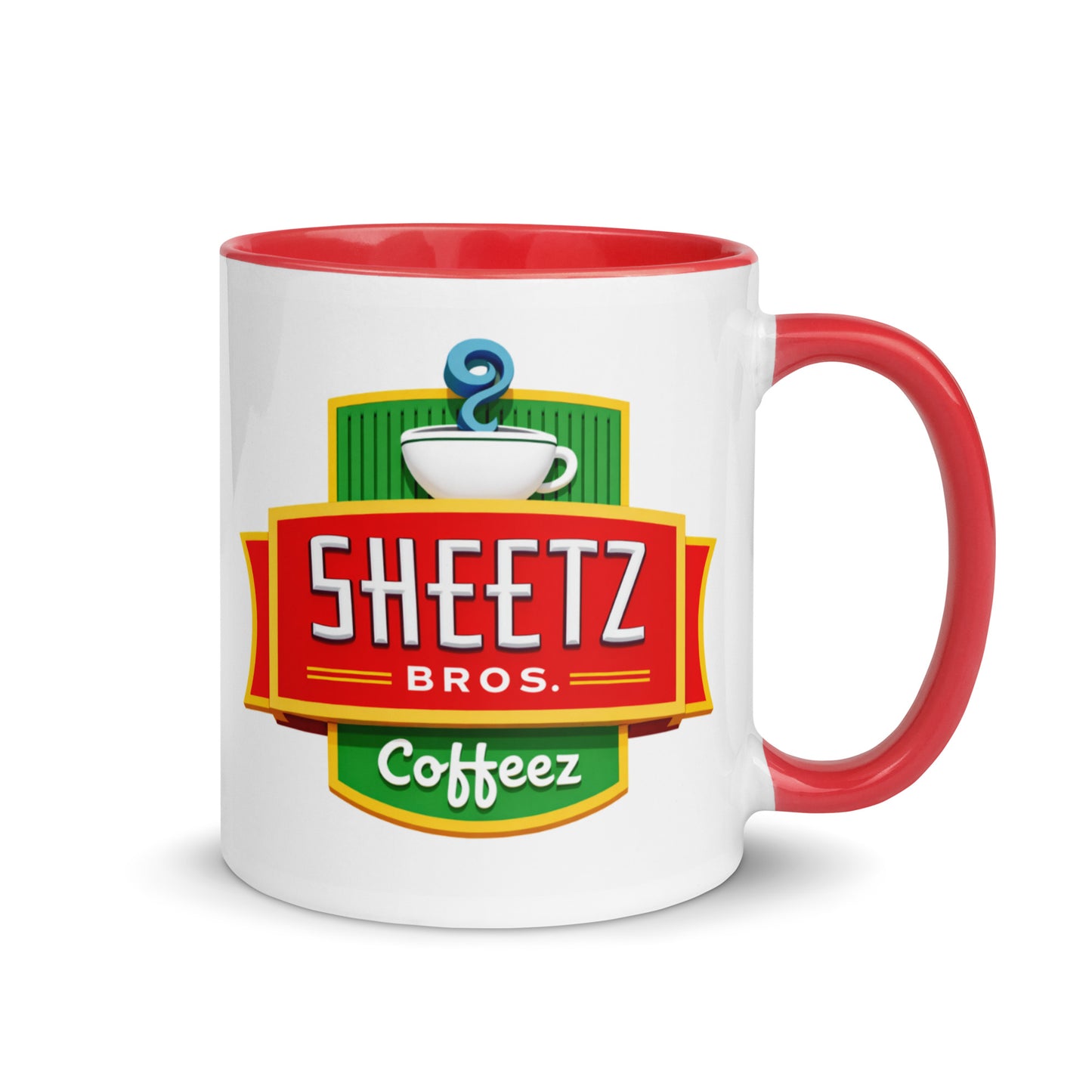Sheetz Bros. Coffeez coffee mug with red accent handle and interior, featuring the classic coffee logo artwork on a white ceramic mug for coffee lovers, collectors, and Sheetz enthusiasts.