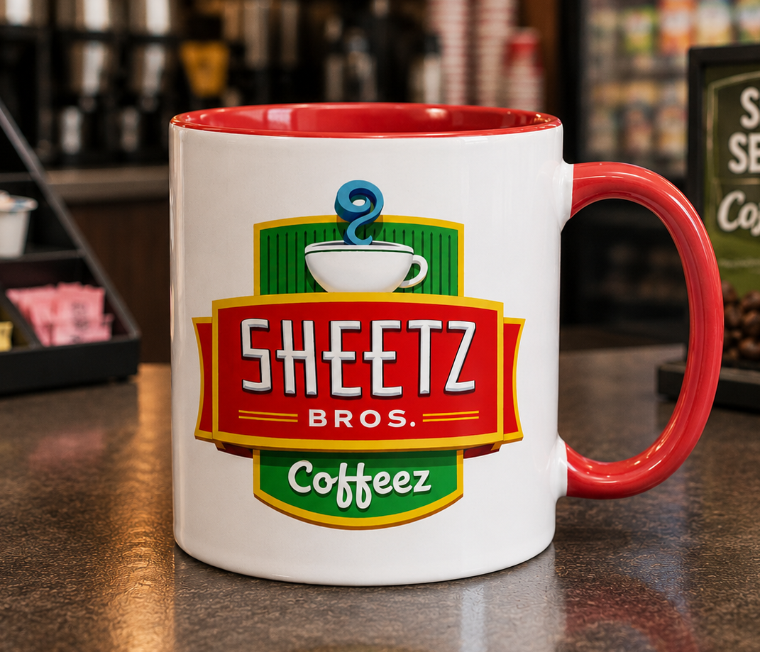 Sheetz Bros. Coffeez coffee mug with red accent handle and interior, featuring the classic Sheetz coffee logo design on a white ceramic coffee cup.