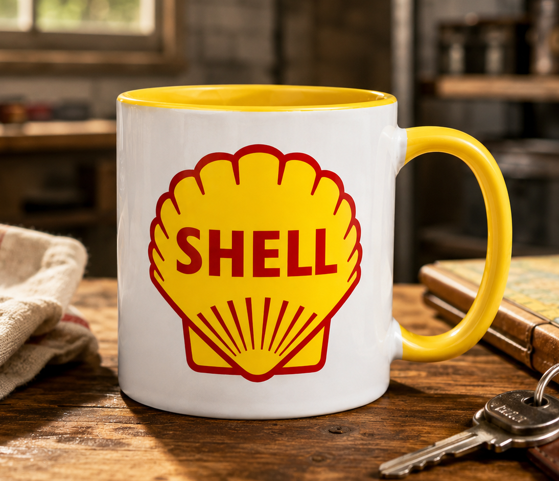 Shell logo coffee mug with yellow accent handle and interior, featuring the iconic yellow and red Shell gas station logo on a white ceramic coffee cup.