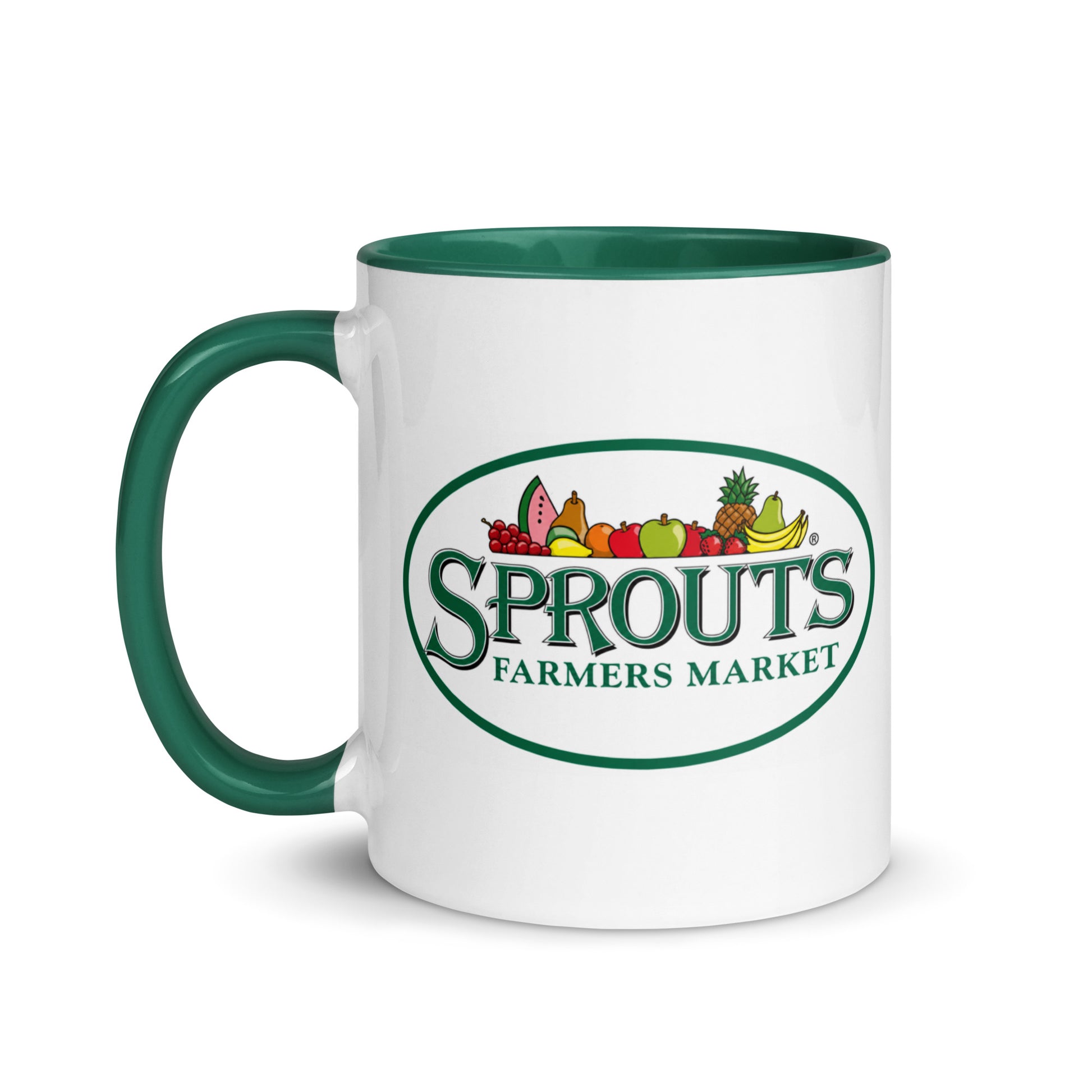 Classic Sprouts Farmers Market ceramic coffee mug showcasing the iconic fruit and vegetable logo with green accent handle and interior, an ideal gift for Sprouts shoppers, food lovers, and grocery store memorabilia collectors.