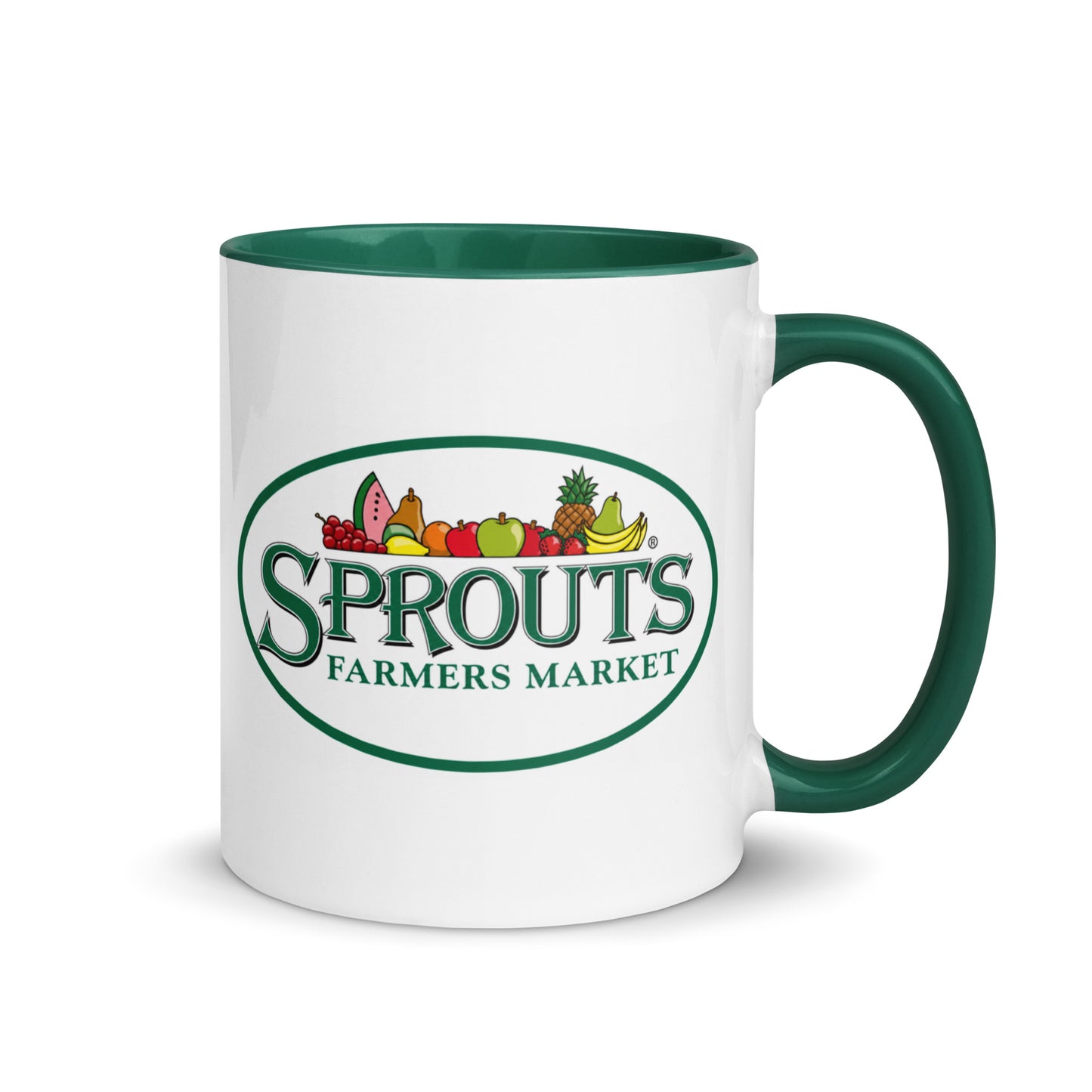 Sprouts Farmers Market logo coffee mug featuring the classic produce-themed logo on a premium white ceramic mug with a green interior and handle, perfect for grocery enthusiasts, healthy living fans, and supermarket memorabilia collectors.