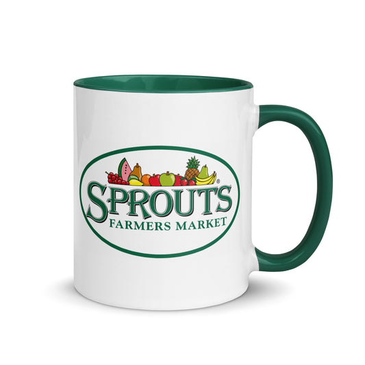 Sprouts Farmers Market logo coffee mug featuring the classic produce-themed logo on a premium white ceramic mug with a green interior and handle, perfect for grocery enthusiasts, healthy living fans, and supermarket memorabilia collectors.