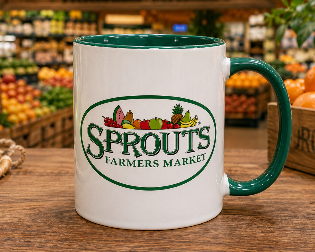 Sprouts Farmers Market logo coffee mug featuring the classic produce-themed logo on a premium white ceramic mug with a green interior and handle, perfect for grocery enthusiasts, healthy living fans, and supermarket memorabilia collectors.