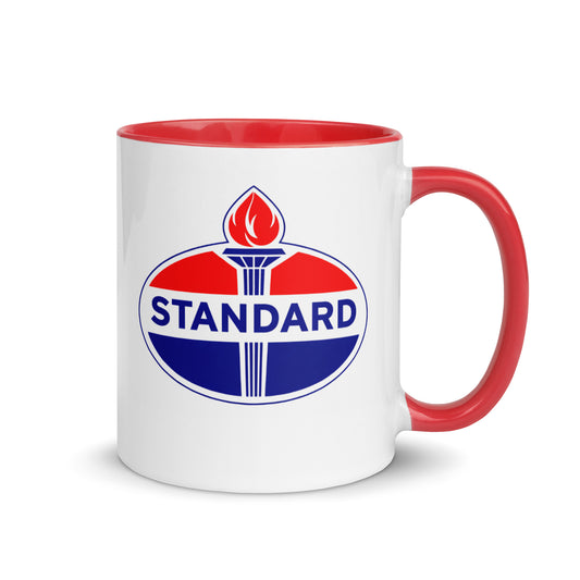 Standard Oil logo coffee mug with red accent handle and interior, featuring the iconic vintage petroleum company branding on a white ceramic mug for collectors, automotive enthusiasts, and retro Americana fans.