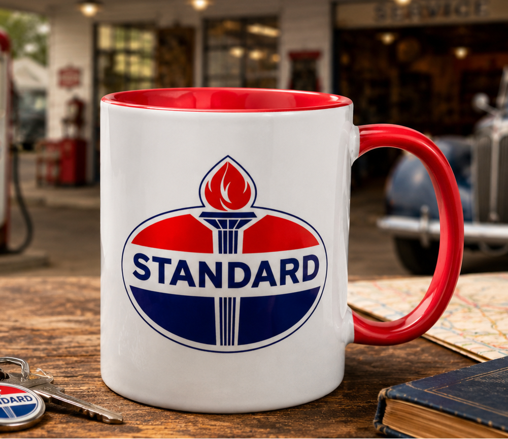 Standard Oil logo coffee mug with red accent handle and interior, featuring the classic vintage petroleum company logo on a white ceramic coffee cup.