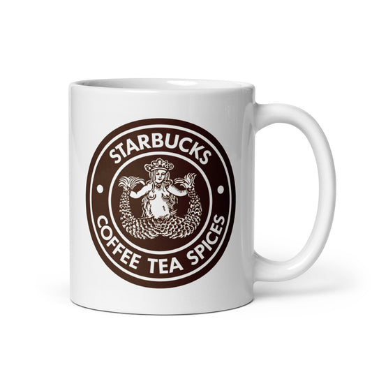 Vintage Starbucks Coffee Tea Spices logo coffee mug featuring the original brown siren emblem on a premium white ceramic mug, perfect for Starbucks collectors, coffee enthusiasts, and retro café memorabilia fans.