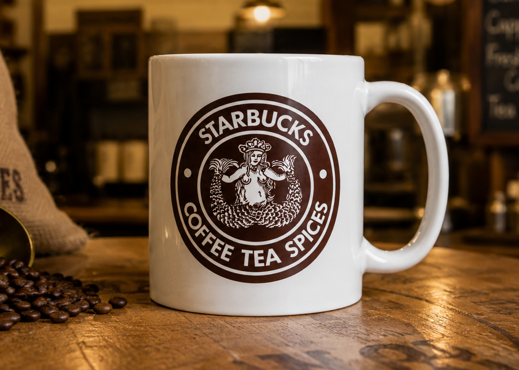 Vintage Starbucks Coffee Tea Spices logo coffee mug featuring the original brown siren emblem on a premium white ceramic mug, perfect for Starbucks collectors, coffee enthusiasts, and retro café memorabilia fans.